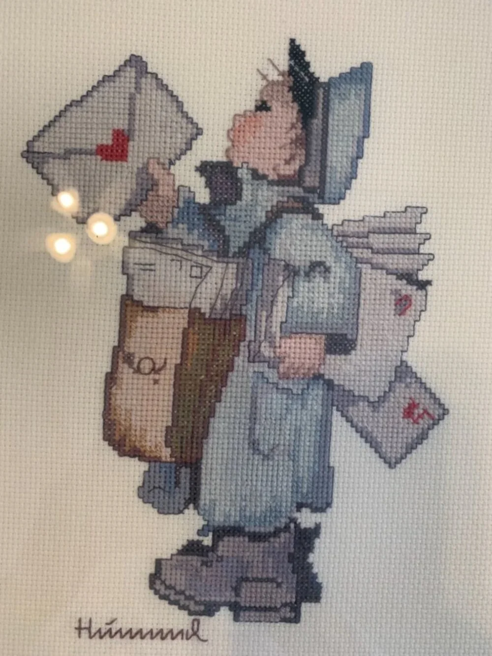 Framed Hummel-Inspired Cross-Stitch Art Of Mail Carrier With Letters 16
